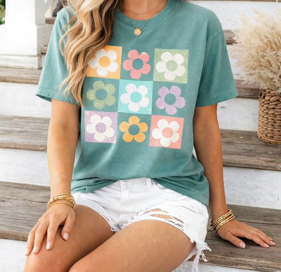 Checkered Floral Tee in Seafoam