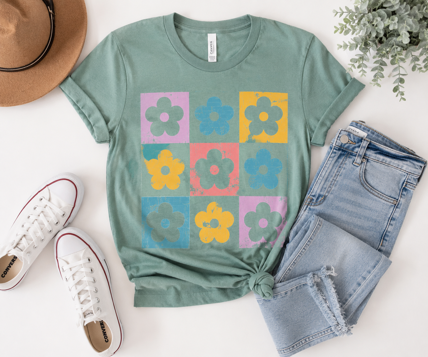 Checkered Floral Tee in Seafoam