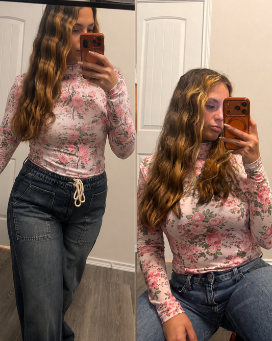 SO ME Floral Rose Print Mesh Sheer Layering Top