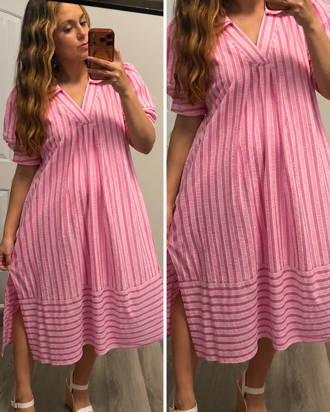 Pretty in Pink Striped Puff Sleeve Midi Dress