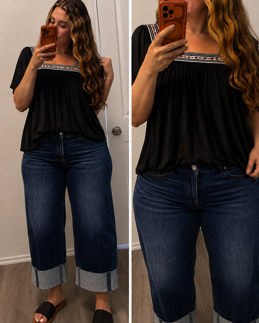 Honey Contrast Square Neck Puff Sleeve Blouse