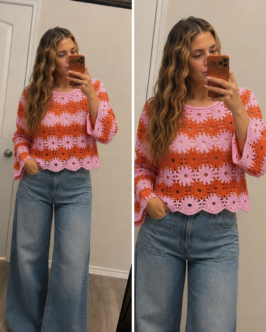 Rosy Sunset Flower Crochet Knit Top